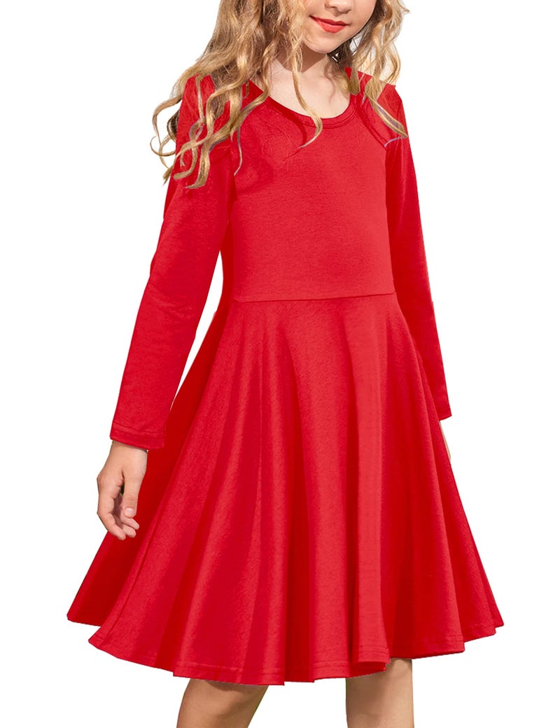 Arshiner Girls' Cotton Long Sleeve Twirly Skater Party Dress, Red, 10 Years - Image 1